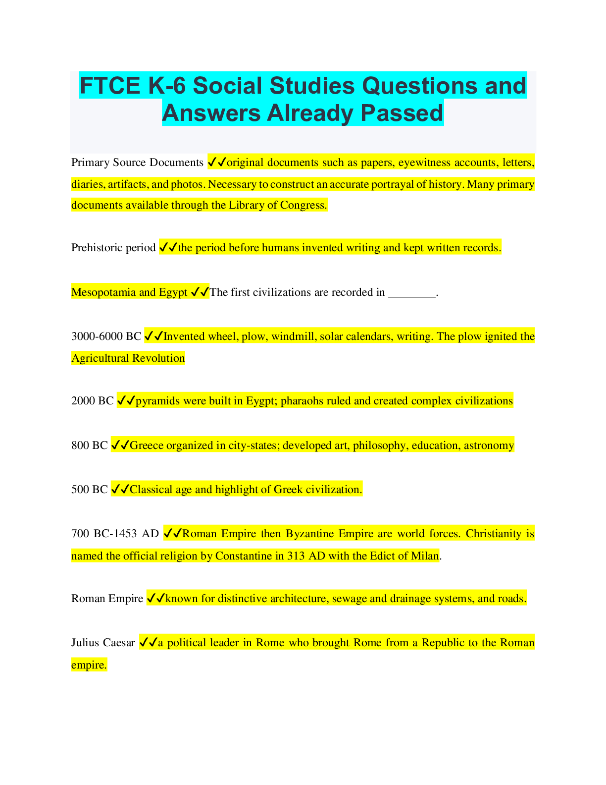 FTCE K6 Social Studies Questions and Answers Already Passed Browsegrades